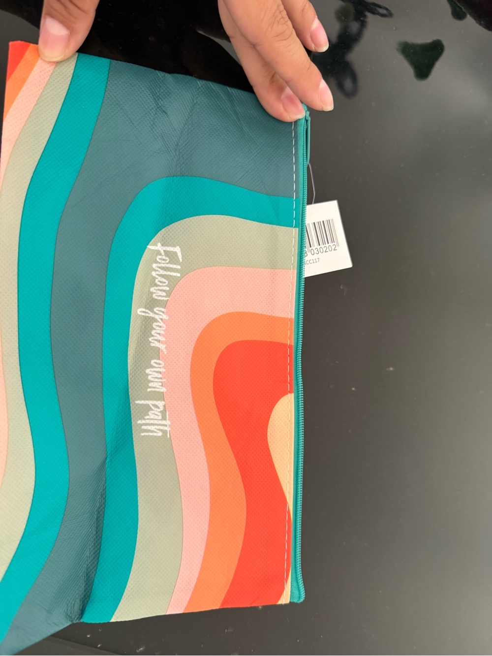 thrive causemetics teal, aqua, coral, peach striped cosmetic bag